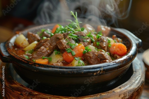 Healthy beef stew with fresh vegetables, steaming on rustic crockery