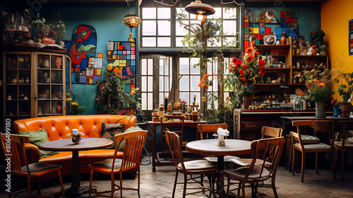 Bohemian caf  C  with mismatched furniture and an eclectic art collection 