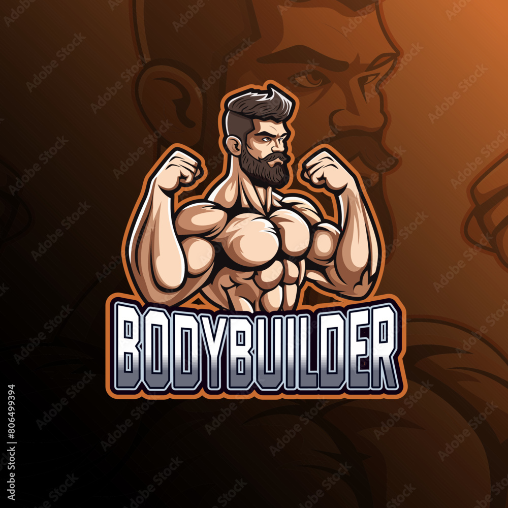 Bodybuilder mascot logo design vector for badge, front double biceps pose, emblem, esport and t-shirt printing. Editable text