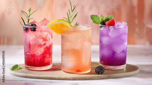 Colorful berry infused drinks on table