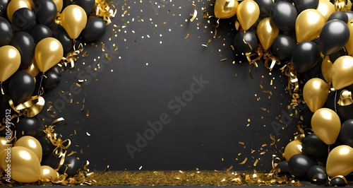 gold black balloon confetti background for graduation birthday happy new year opening sale concept, usable for banner poster brochure ad invitation flyer ... See More
 photo