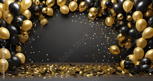 gold black balloon confetti background for graduation birthday happy new year opening sale concept, usable for banner poster brochure ad invitation flyer ... See More 