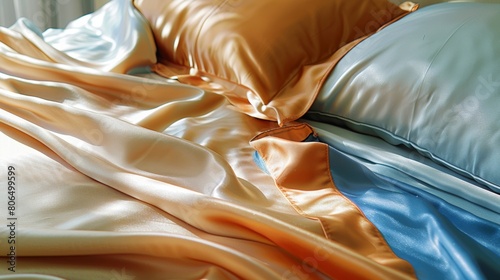 A satinfinished fitted sheet smooth and soft to the touch perfectly fitted on a kingsize bed. photo