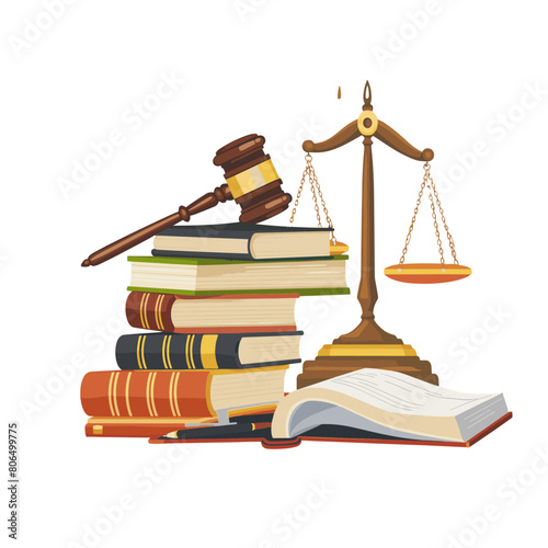 A judge's gavel, scales of justice, and law books representing the legal system