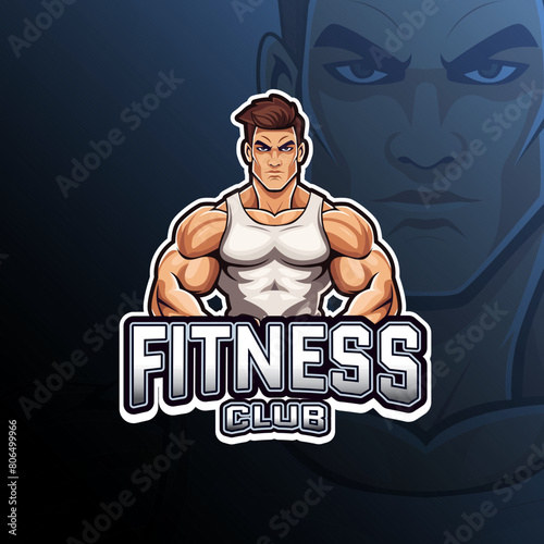 Fitness club with muscular man mascot logo design vector for badge, emblem, esport and t-shirt printing. Editable text