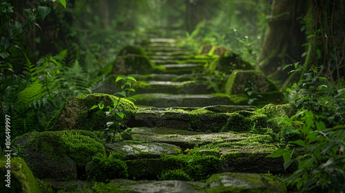 Serene walkway in the heart of a forest with each stone cloaked in verdant moss whispering tales of the woods