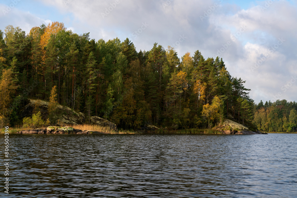 Lake Ladoga near the village Lumivaara on a sunny autumn day, Ladoga skerries, Lakhdenpokhya, Republic of Karelia, Russia Lake Ladoga near the village Lumivaara on a sunny autumn day, Ladoga skerries, Lakhdenpokhya, Republic of Karelia, Russia