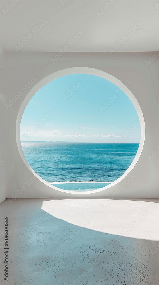 Fototapeta premium This minimalist photograph features a pristine white wall adorned with a round window, offering a picturesque view of the tranquil sea and the light blue summer sky. The serene atmosphere and refresh