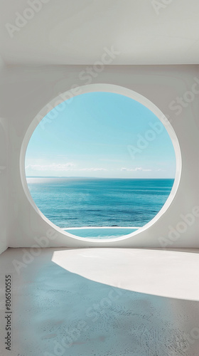 This minimalist photograph features a pristine white wall adorned with a round window  offering a picturesque view of the tranquil sea and the light blue summer sky. The serene atmosphere and refresh