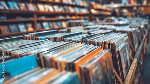 A record store display with rows upon rows of vintage vinyl records inviting customers to come and discover the magic of og music. photo