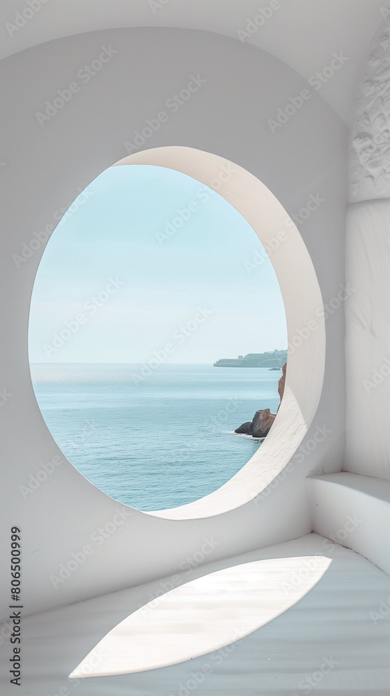 This minimalist photograph features a pristine white wall adorned with a round window, offering a picturesque view of the tranquil sea and the light blue summer sky. The serene atmosphere and refresh
