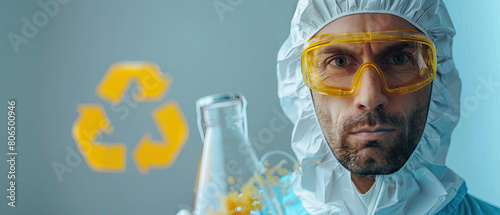 The scientist is wearing a protective suit and goggles while holding up a glass bottle with a recycle symbol on it.