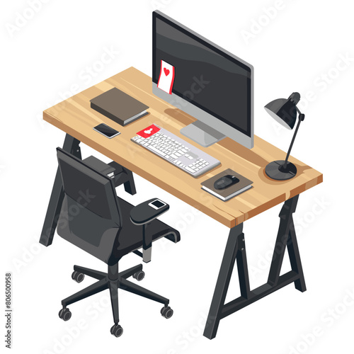 simple illustration of a computer desk with a computer, keyboard, mouse, and stool