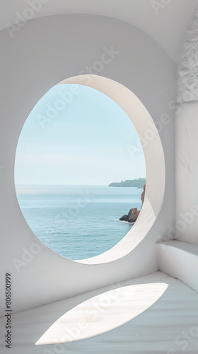 This minimalist photograph features a pristine white wall adorned with a round window  offering a picturesque view of the tranquil sea and the light blue summer sky. The serene atmosphere and refresh