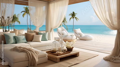 Bright and airy beachfront living room with sliding glass doors, sheer curtains, and a sandy color scheme, © Humaira