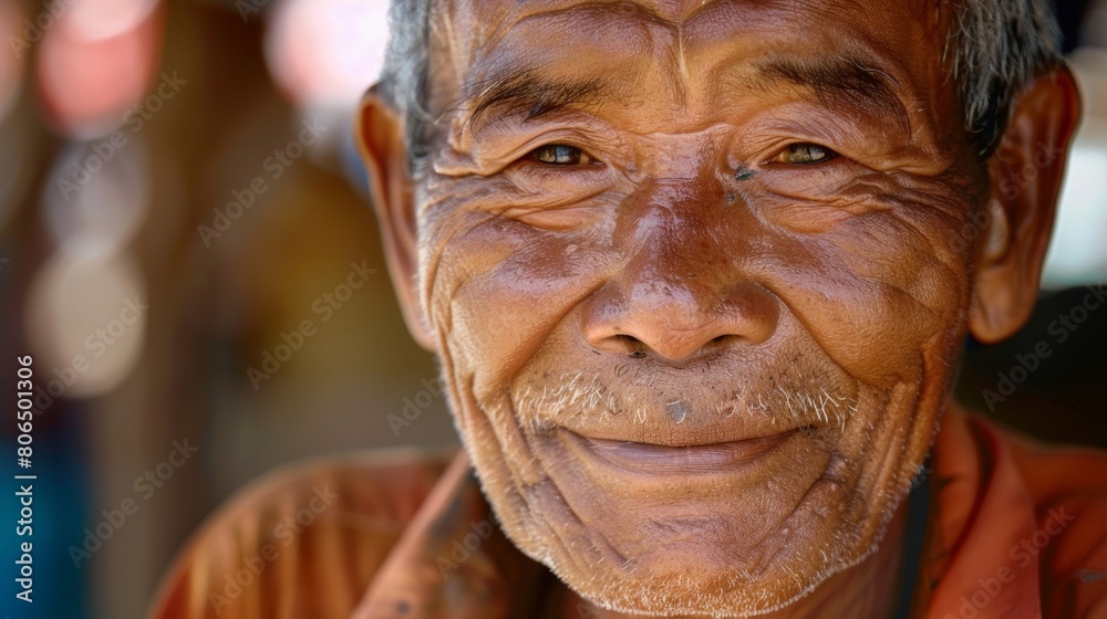 A faint smile adorns the mans face a sign of contentment and inner peace. A faint smile adorns the mans face a sign of contentment and inner peace.