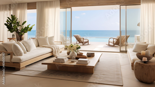 Bright and airy beachfront living room with sliding glass doors, sheer curtains, and a sandy color scheme, photo