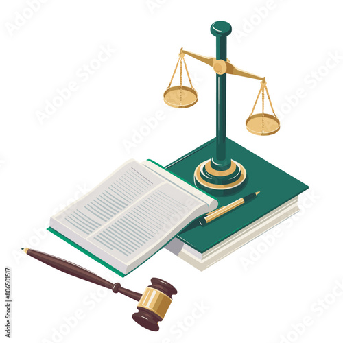 Symbols of law and justice: a gavel, scales, and stacked books