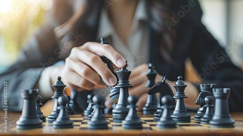 businesswoman making strategic decision on chess board while holding a black bottle, with a white hand and finger visible in the foreground