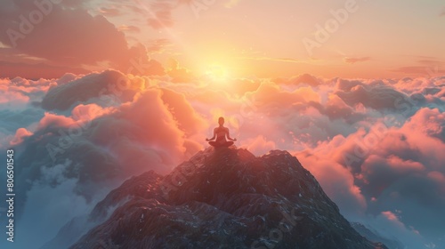 A serene yoga practitioner meditating on a mountaintop at sunrise, surrounded by misty clouds, peaceful and introspective. Mindfulness wellness concept photo