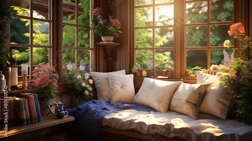 A cozy corner nook with a built-in window seat, fluffy cushions, and a view of the garden © SHAPTOS