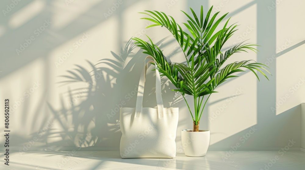 Minimalist setting featuring a white tote bag and a potted green plant on a plain surface Minimalist setting featuring a white tote bag and a potted green plant on a plain surface