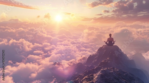 A serene yoga practitioner meditating on a mountaintop at sunrise, surrounded by misty clouds, peaceful and introspective. Mindfulness wellness concept photo