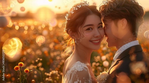 Bride and groom smiling and exchanging vows in a wildflower field during sunset. AI generated 