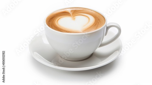 Cappuccino Coffee Cup with Artistic Latte Drawing on White Background, Ideal for Café Menu and Barista Art