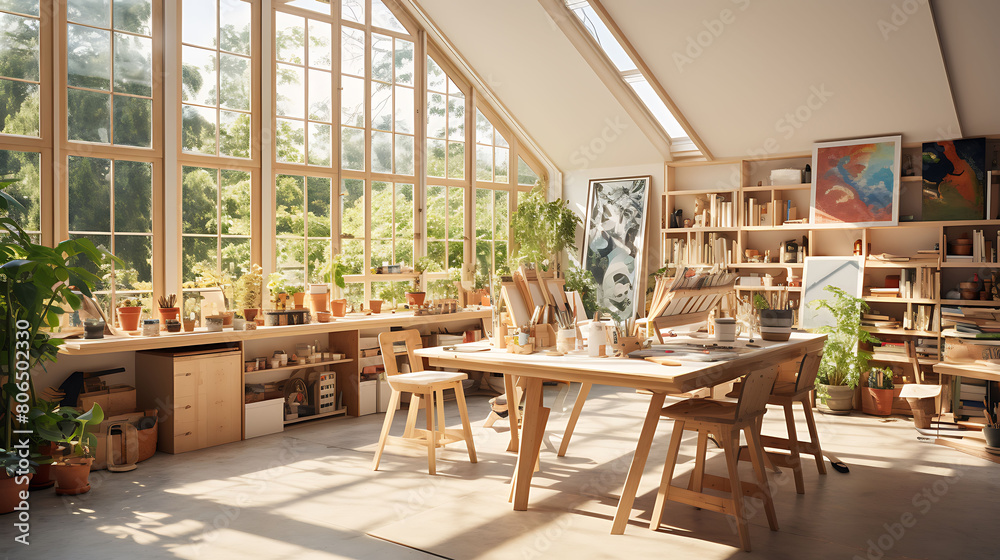 Bright craft room with organized supplies, a large worktable, and plenty of natural light,