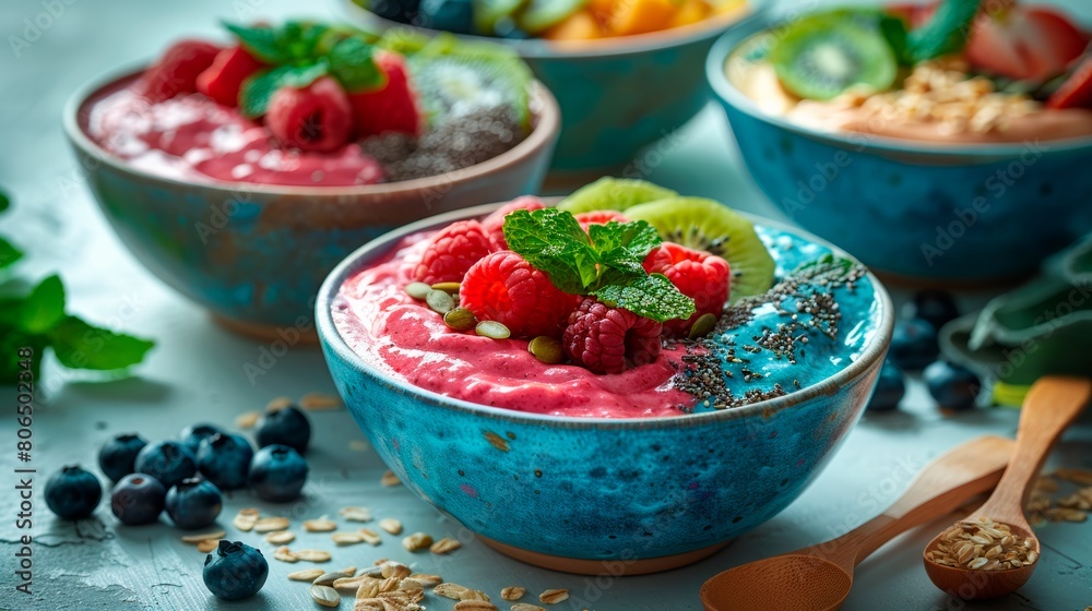 Colorful smoothie bowls, with raspberries and pitaya, a green bowl with kiwi and spinach, and a blue bowl with blueberries and spirulina, mix of seeds, nuts, and artistically sliced fruits Colorful smoothie bowls, with raspberries and pitaya, a green bowl with kiwi and spinach, and a blue bowl with blueberries and spirulina, mix of seeds, nuts, and artistically sliced fruits
