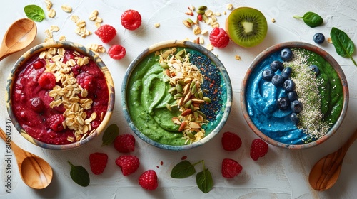 Colorful smoothie bowls, with raspberries and pitaya, a green bowl with kiwi and spinach, and a blue bowl with blueberries and spirulina, mix of seeds, nuts, and artistically sliced fruits
