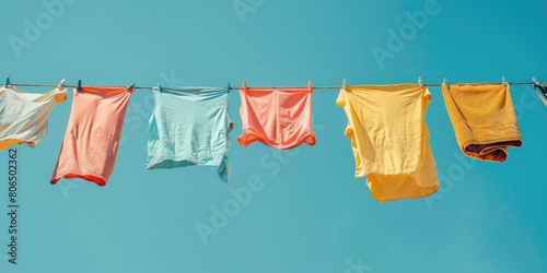 Photo of clothesline with clean clothes hung to dry advertising dry cleaning and clothes cleaning services,