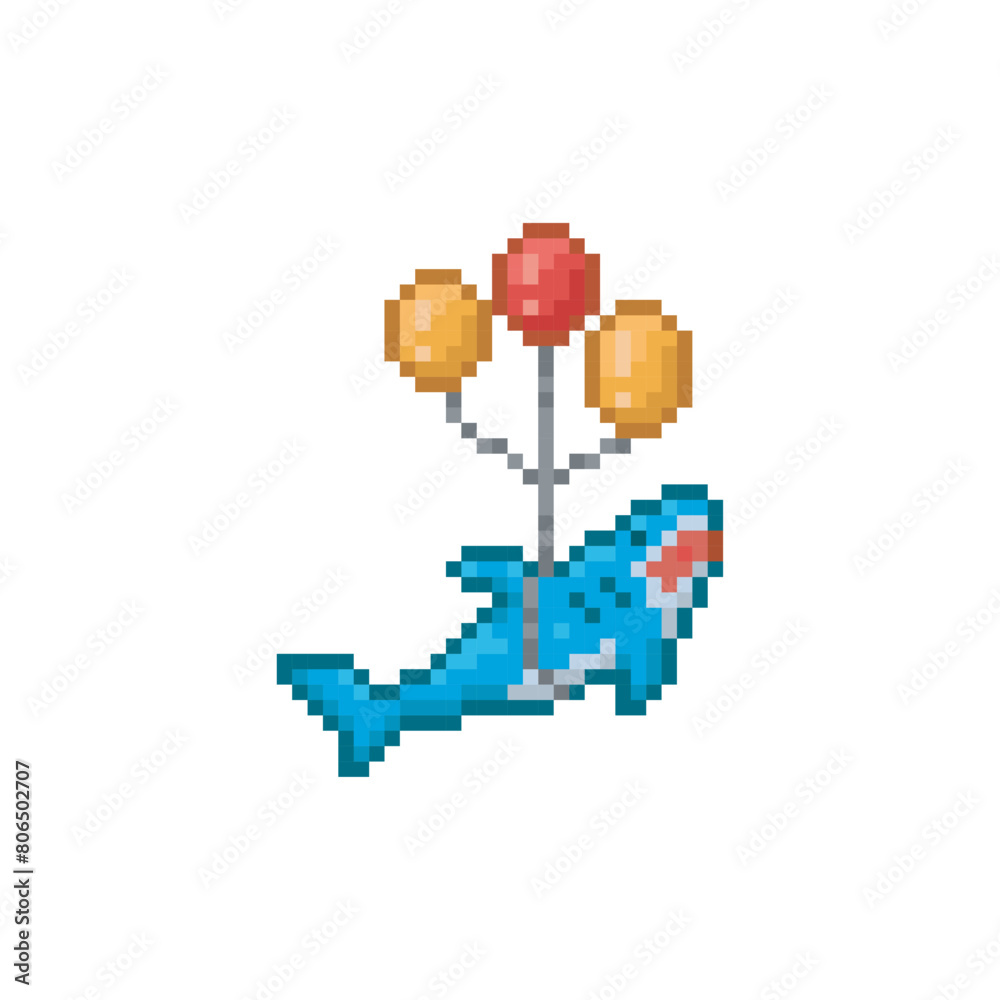 Flying shark tied to balloons, pixel art character
