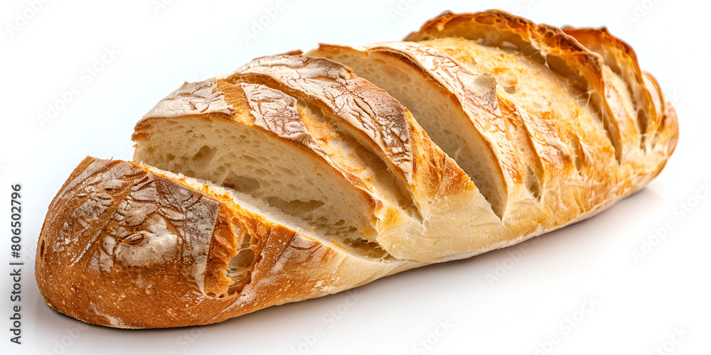 French bread baguette on a white background Sliced bread isolated on a white background Bread slices and crumbs Freshly baked baguette