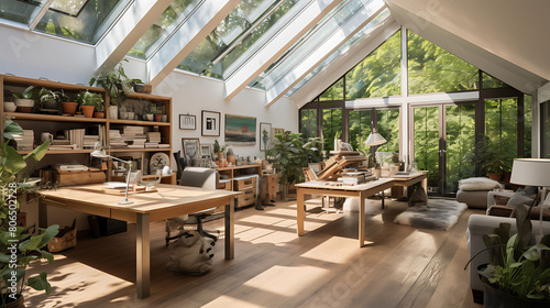 Bright craft room with organized supplies  a large worktable  and plenty of natural light 