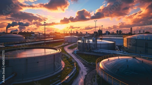 Industrial landscape of a biogas plant at sunrise  showcasing the technology that converts organic materials into renewable energy