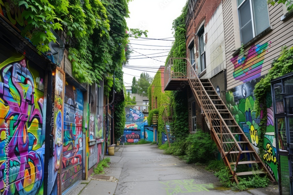 Naklejka premium Picture a hidden alleyway filled with colorful street art, with vibrant murals adorning the walls and ivy-covered fire escapes adding, Generative AI