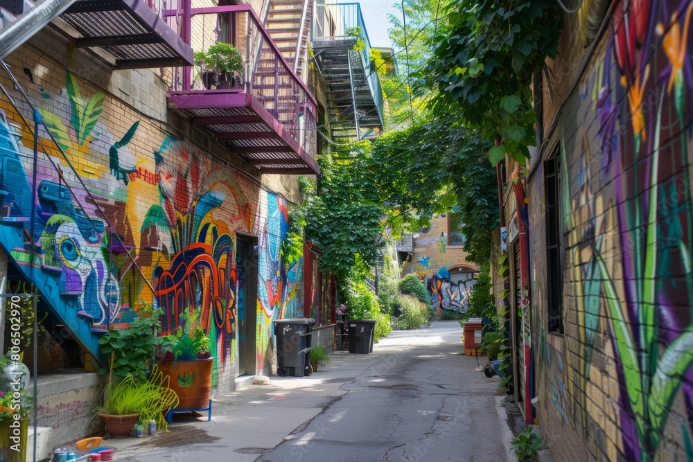 Fototapeta premium Picture a hidden alleyway filled with colorful street art, with vibrant murals adorning the walls and ivy-covered fire escapes adding, Generative AI