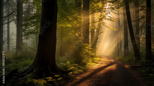 Capture a serene  misty forest scene at dawn. The sun is just rising