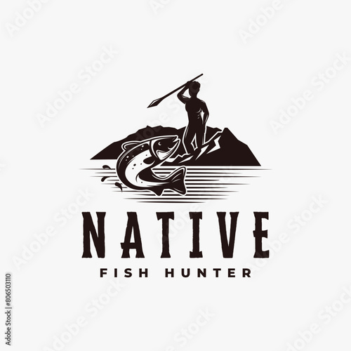 Vintage native hunter logo with a man aiming fish illustration vector on white background
