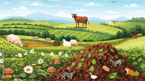 Illustrative image showing the process of converting animal waste into nutrient-rich compost for sustainable agriculture practices photo
