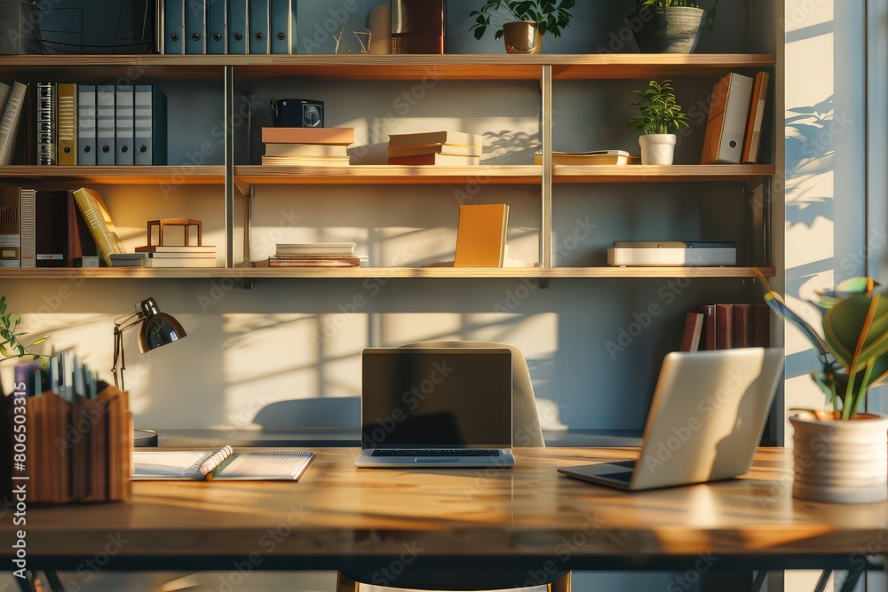 close up minimalistic Clean and tidy workspace with soft background with organized desk and shelves close up minimalistic Clean and tidy workspace with soft background with organized desk and shelves