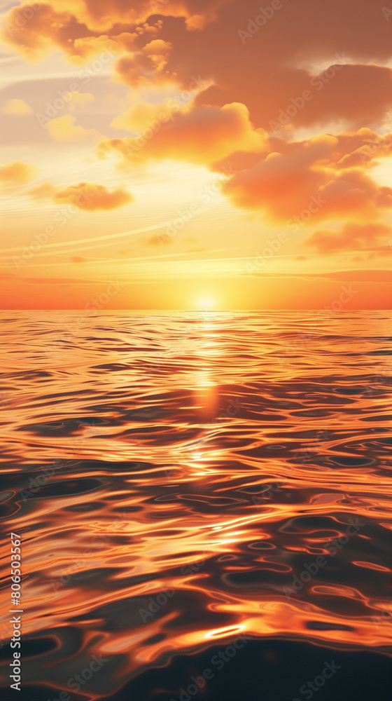 Fototapeta premium This breathtaking scene captures the tranquil beauty of a sunset over the ocean, as the sky blazes with vibrant shades of orange and red. Swirling clouds dance gracefully across the horizon