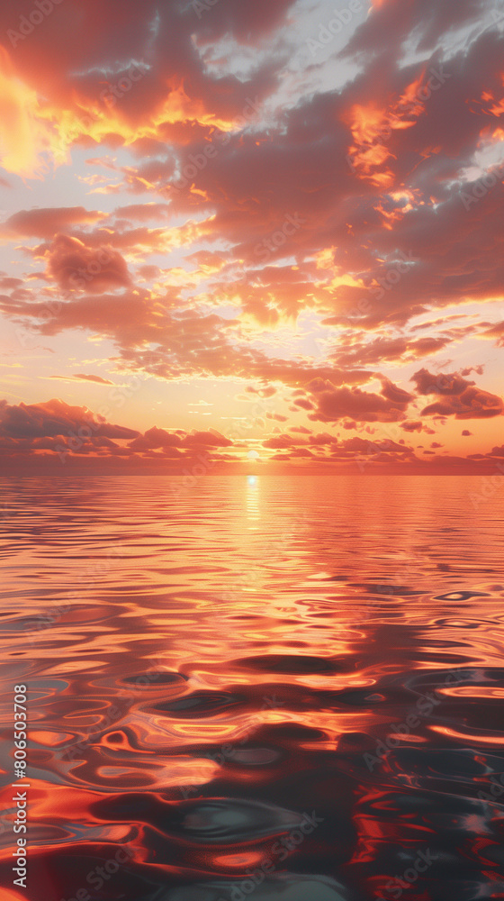 Fototapeta premium This serene image captures the breathtaking beauty of a tranquil ocean horizon at sunset. The sky is painted in a stunning palette of vibrant orange and red hues, creating a mesmerizing display 