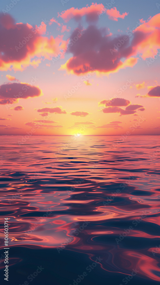 Fototapeta premium This serene image captures the breathtaking beauty of a tranquil ocean horizon at sunset. The sky is painted in a stunning palette of vibrant orange and red hues, creating a mesmerizing display 