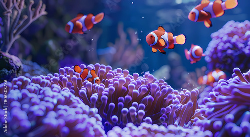 A group of clown fish swim around anemones in the sea photo