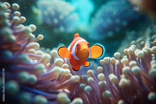 Vibrant fish find refuge in the colorful anemone's embrace, a coral reef tableau