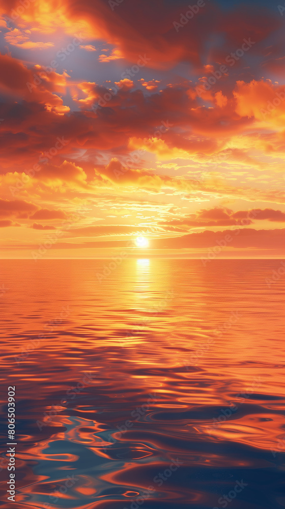 This serene image captures the breathtaking beauty of a tranquil ocean horizon at sunset. The sky is painted in a stunning palette of vibrant orange and red hues, creating a mesmerizing display 