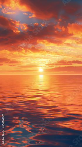 This serene image captures the breathtaking beauty of a tranquil ocean horizon at sunset. The sky is painted in a stunning palette of vibrant orange and red hues  creating a mesmerizing display 
